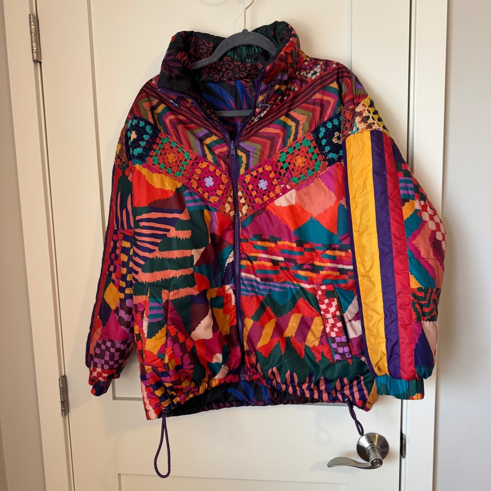 Farm Rio Reversible‎ Mixed Prints Puffer Jacket Crochet Patchwork Leopard Small